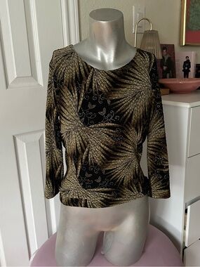 Vintage 90s Brittany Black Green Gold & Black Shimmery Floral Swirl Pattern Top